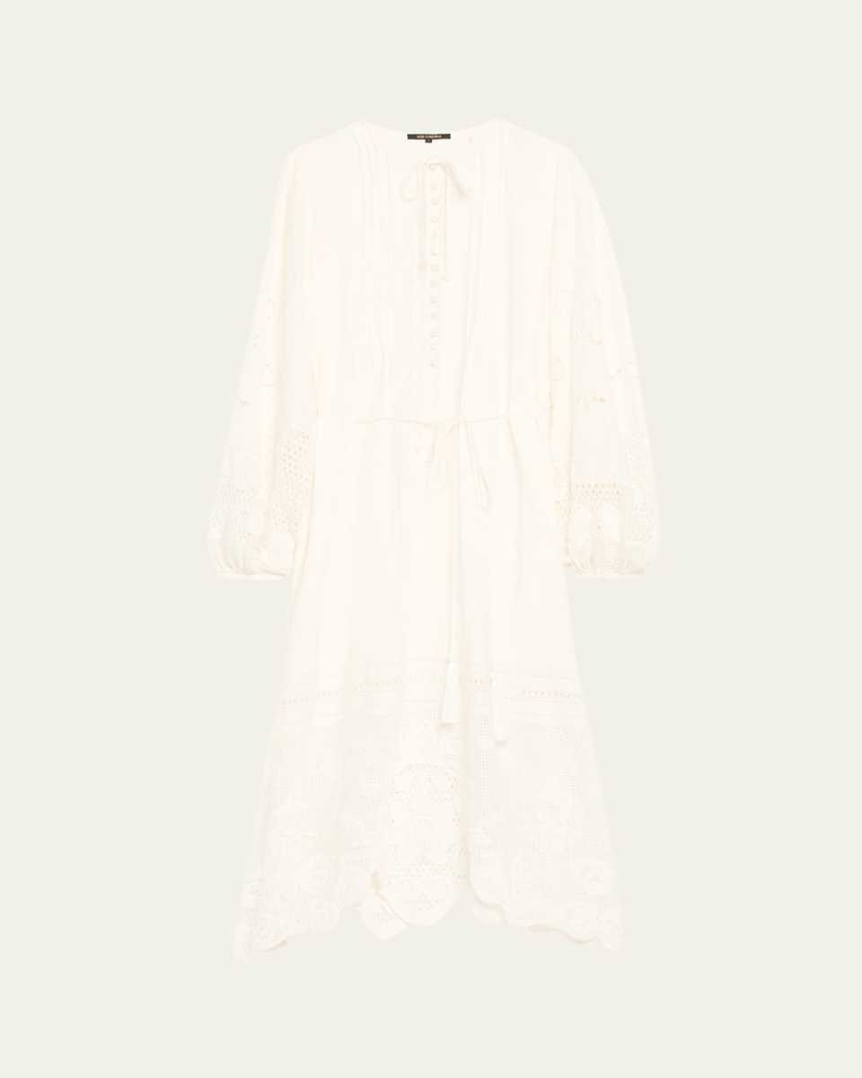 Yelle Pintuck Lace-Inset Linen Midi Dress